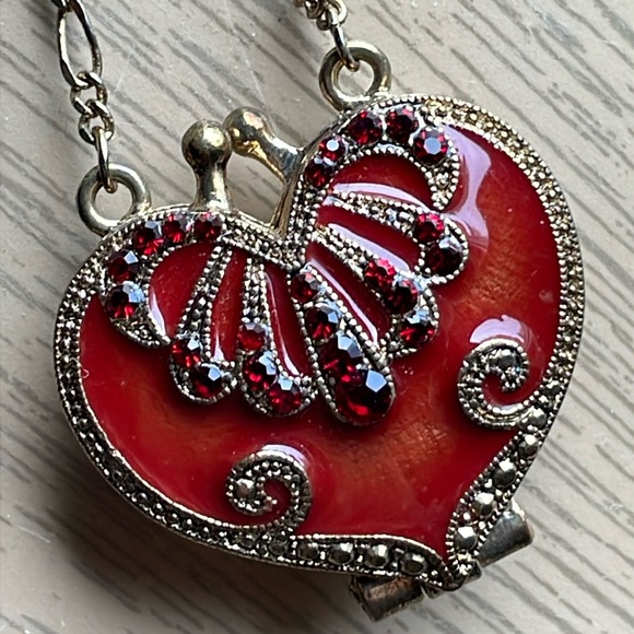 Vintage Locket- Heart Shaped with Red Ruby Accents Pendant Necklace - Picture 1 of 6
